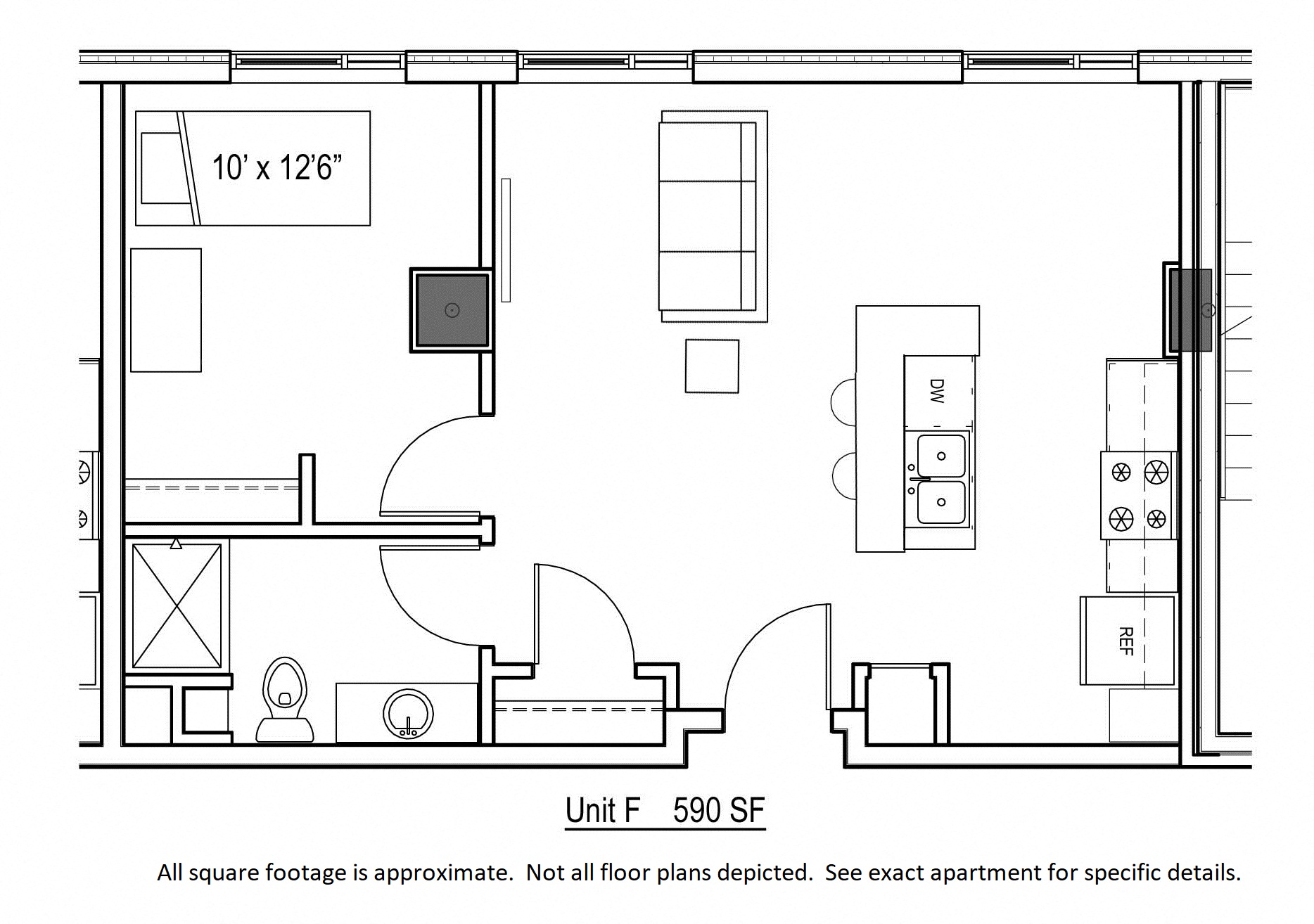 Floor plan for 1 bed, 1 bath, 590 sqft